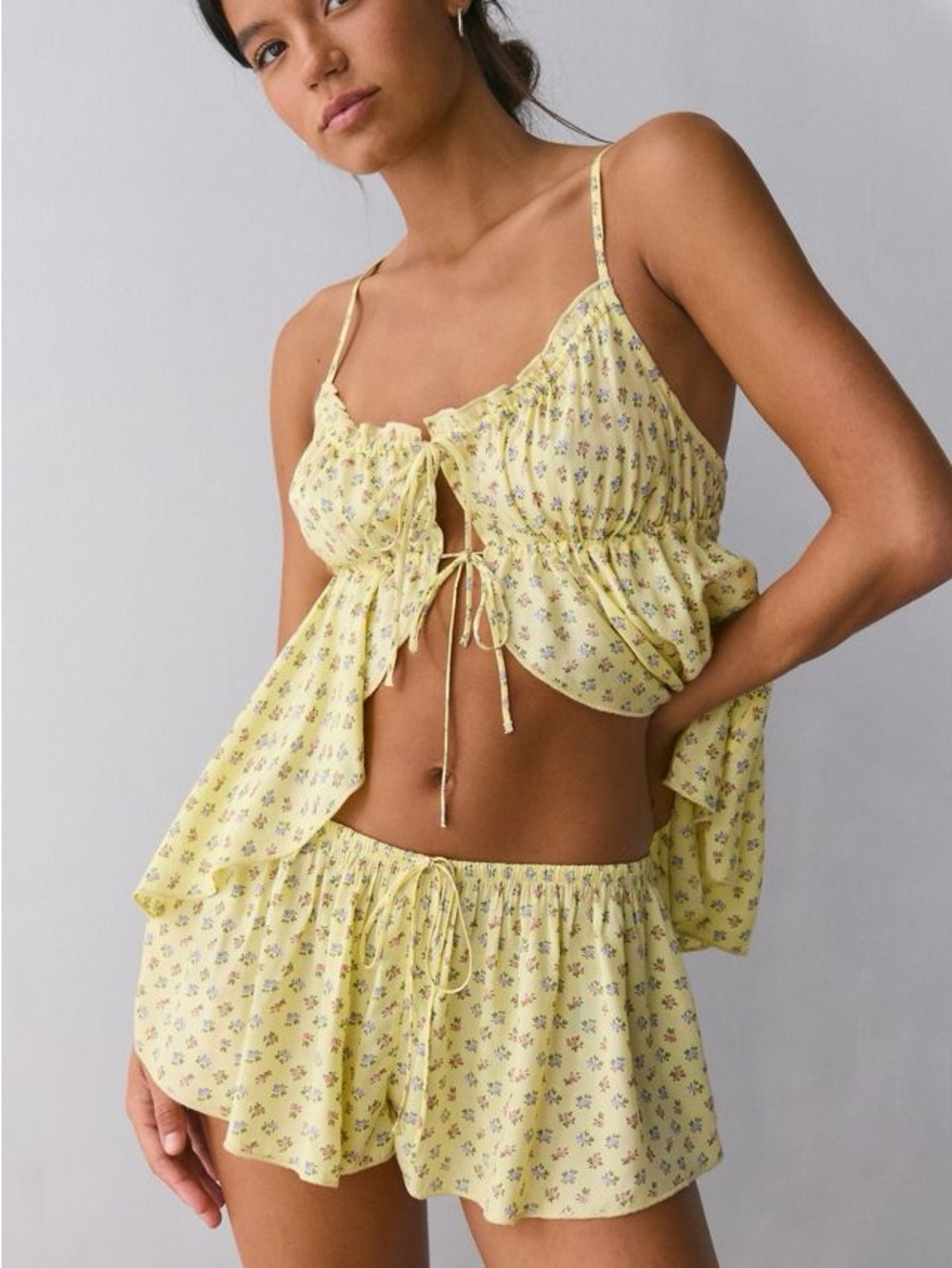 Urban Outfitters Yellow Floral Ruffle Camisole & Shorts Set